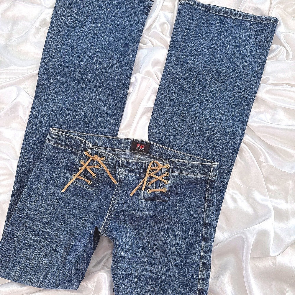 YU Jeans Vintage Y2K Low Rise Flare Lace Up Front Denim Blue Wash Size 40